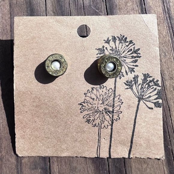 Rich McCoy Handmade Upcycled Brass Bullet Casing Earrings Pearl Jeweled 💗 - Picture 3 of 4